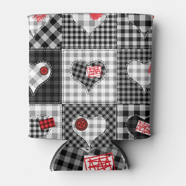 Rafraîchisseur Pour Canette Coeurs Noir Blanc Patchwork Sans Couleur. (Devant)