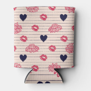 Rafraîchisseur Pour Canette Coeurs rouges, lèvres, marguerites motif.