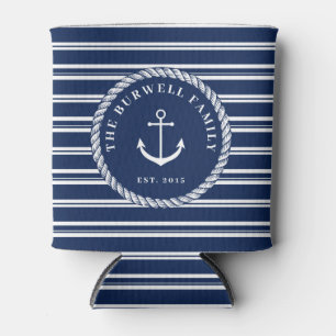 Rafraîchisseur Pour Canette Corde & Ancre Marine Bleu Stripes Ajouter un nom