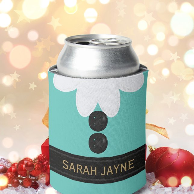 Rafraîchisseur Pour Canette Costume elfe de Noël mignon Turquoise Can Cooler (Just add your name. Makes an lovely christmas gift)