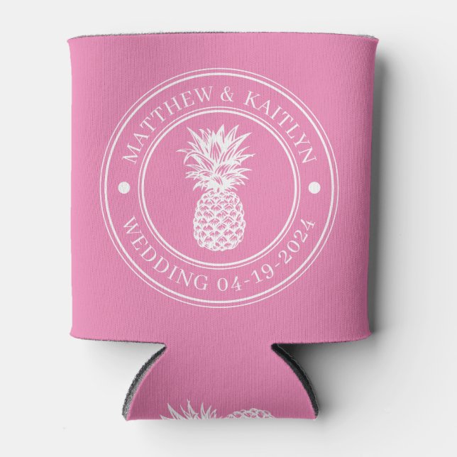 Rafraîchisseur Pour Canette Couronne de mariage Ananas Rose & Nom (Devant)