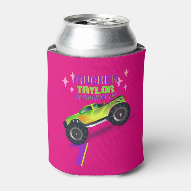 Rafraîchisseur Pour Canette Crusher It MONSTER TRUCK ROSE NOM D'ÂGE Anniversai (Can devant)