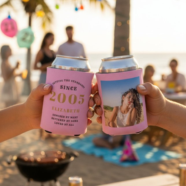 Rafraîchisseur Pour Canette Custom 21st Birthday Pink Gold With Photo (Two 21st Birthday pink can coolers showing front and rear with a beach background.)