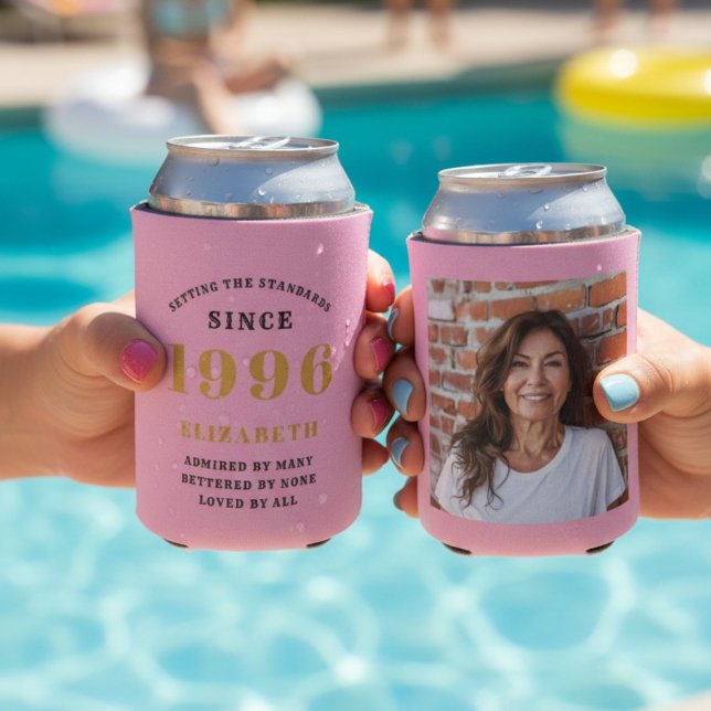 Rafraîchisseur Pour Canette Custom 30th Birthday Pink Gold With Photo (Two 30th birthday can coolers with a pool background.)