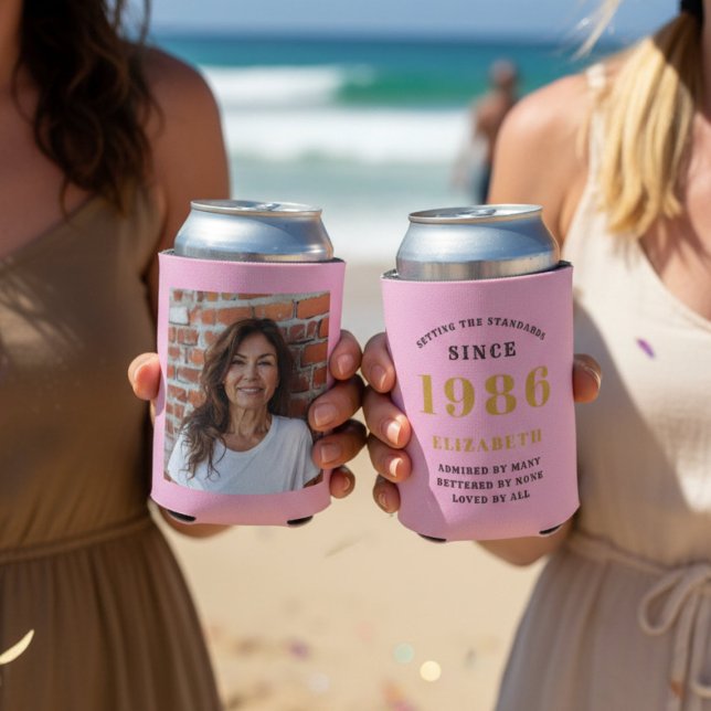 Rafraîchisseur Pour Canette Custom 40th Birthday Pink Gold With Photo (two pink 40th birthday can coolers with beach background.)
