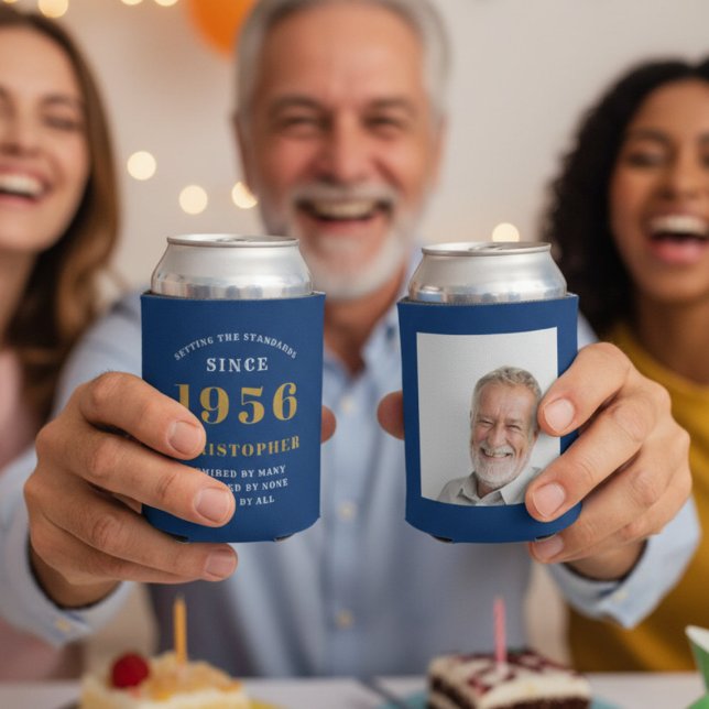 Rafraîchisseur Pour Canette Custom 70th Birthday Blue Gold With Photo (70th Birthday can coolers showing front and rear.)