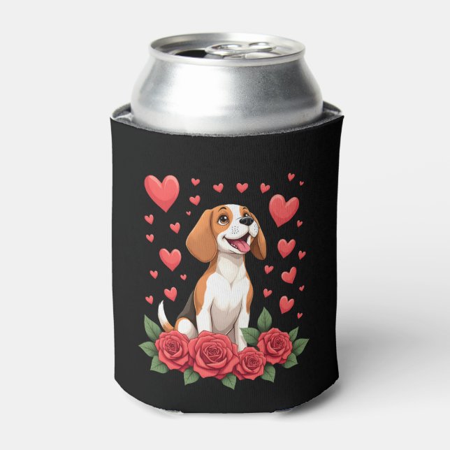 Rafraîchisseur Pour Canette Cute Beagle with Red Roses Hearts Floral Valentine (Can devant)