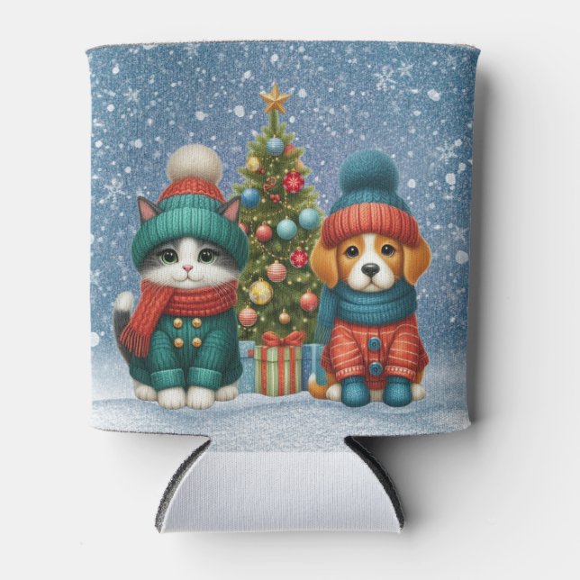 Rafraîchisseur Pour Canette Cute Christmas puppy & kitten (Devant)