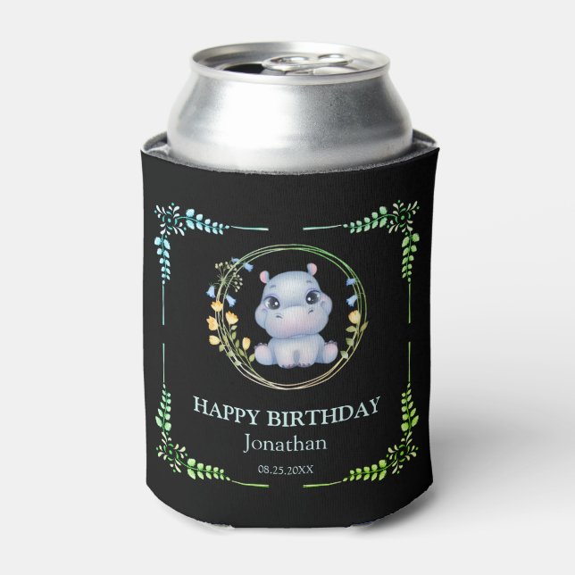 Rafraîchisseur Pour Canette Cute Hippopotamus Fleur Wreath Anniversaire Noir (Can devant)