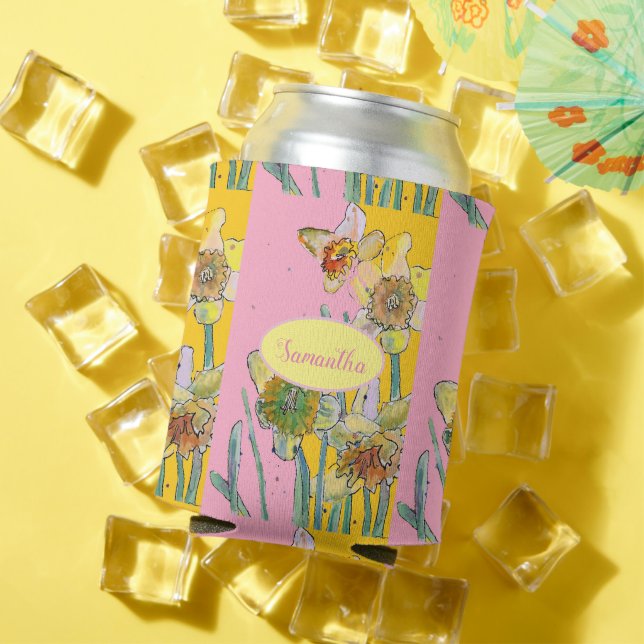 Rafraîchisseur Pour Canette Daffodil Peinture Aquarelle Jaune Rose floral (Été in situ)