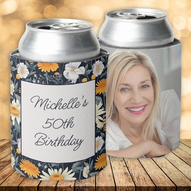 Rafraîchisseur Pour Canette Dandelions Daisis Marine Bleu Anniversaire Nom Pho (Yellow dandelions and white daisies birthday party photo can cooler)