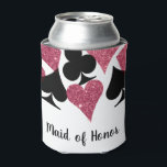Rafraîchisseur Pour Canette Demoiselle d'honneur thème Vegas paillettes roses<br><div class="desc">Habillez cette canette avec un refroidisseur de canette entièrement personnalisé 'Demoiselle d'honneur' avec un motif de cartes à jouer en paillettes roses et noires et le nom des membres du cortège de la mariée. Organisez une soirée entre filles pour célébrer la future mariée avec un week-end dans la chanceuse Las...</div>