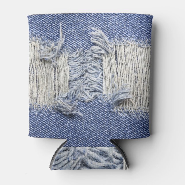 Rafraîchisseur Pour Canette Dénim bleu déchiré : texture de jeans. (Devant)