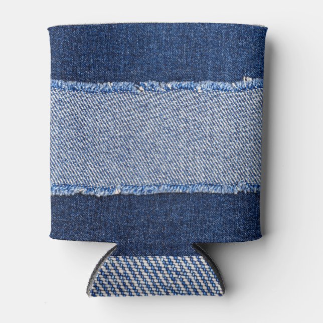 Rafraîchisseur Pour Canette Dénim déchiré : tissu de jean bleu. (Devant)