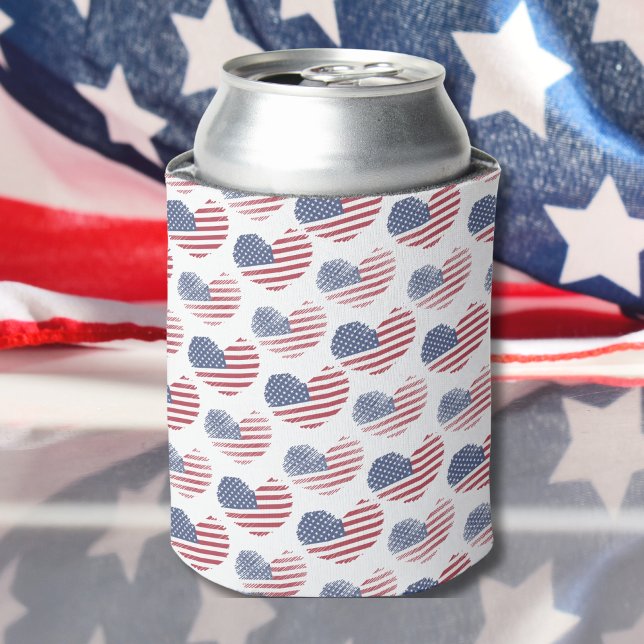 Rafraîchisseur Pour Canette Drapeau américain Rouge Bleu Patriotique (Cute Patriotic American Flag Rustic Heart Pattern Can Cooler)