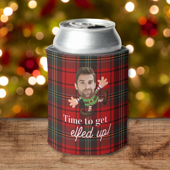 Rafraîchisseur Pour Canette Drôle Visage photo Elfed Up Cadeau personnalisé de (red plaid funny photo face can cooler for christmas gift with time to get elfed up merry christmas)