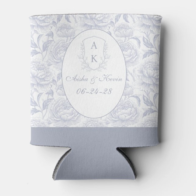 Rafraîchisseur Pour Canette Dusty Blue Chinoiserie Peonies Monogram Wedding (Devant)