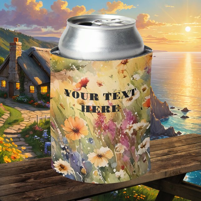 Rafraîchisseur Pour Canette Eaux-couleurs Fleurs sauvages été (Elegant can cooler featuring a watercolor image of wildflowers in multiple cheerful colors)