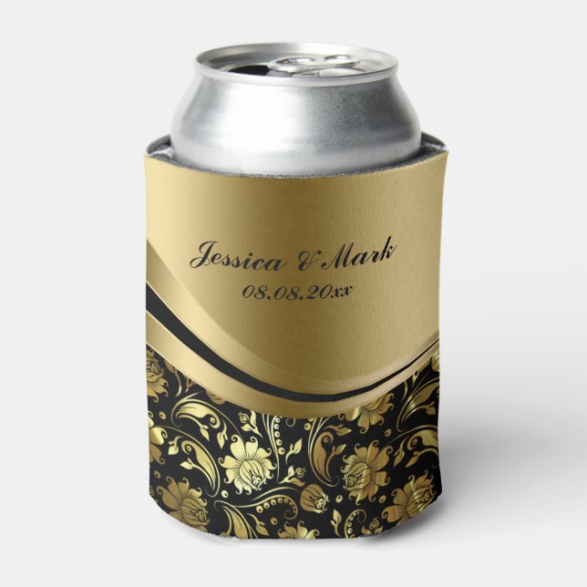 Rafraîchisseur Pour Canette Élégant Damas Noir & Or Bandes décoratives (Can devant)