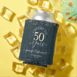 Rafraîchisseur Pour Canette Élégant Gold 50th Birthday Script<br><div class="desc">Jolie parties scintillant en faux or,  faits saillants sur la bordure supérieure et inférieure. Tout le texte est ajustable et facile à changer pour vos besoins de partie. Grand élégant design modèle 50e anniversaire. arrière - plan texturé en bois bleu.</div>