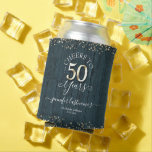 Rafraîchisseur Pour Canette Élégant Gold 50th Birthday Script<br><div class="desc">Jolie parties scintillant en faux or,  faits saillants sur la bordure supérieure et inférieure. Tout le texte est ajustable et facile à changer pour vos besoins de partie. Grand élégant design modèle 50e anniversaire. arrière - plan texturé en bois bleu.</div>