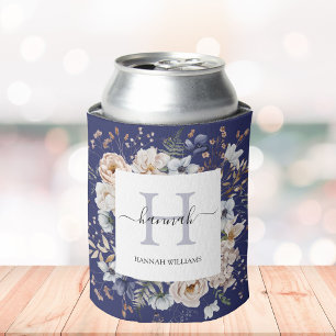 Rafraîchisseur Pour Canette Élégant Monogramme Jolies Fleurs Bleues Beige Flor
