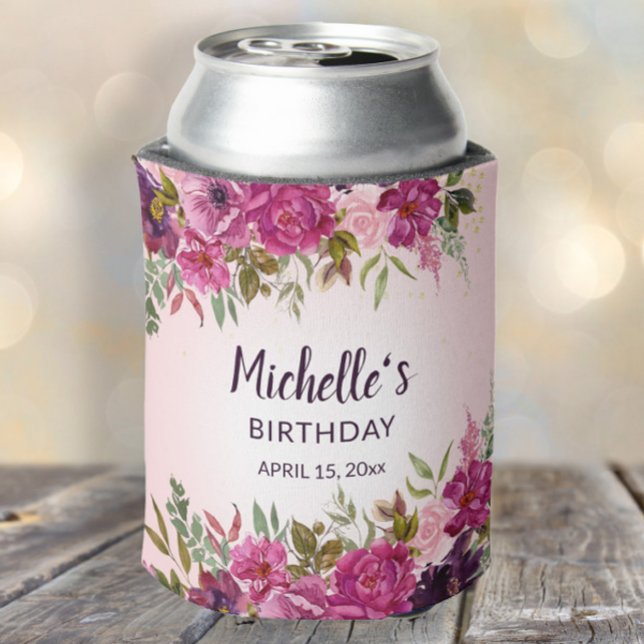 Rafraîchisseur Pour Canette Élégant rose violet Floral Faveurs d'anniversaire (Pink and purple watercolor floral birthday party can coolers/party favors)
