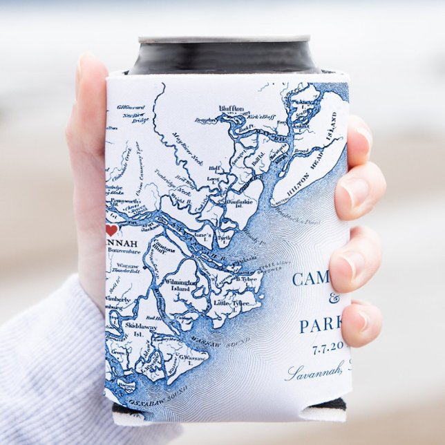 Rafraîchisseur Pour Canette Elegant Savannah Géorgie Carte Mariage bleu marine (Elegant Savannah Georgia Map can coozie classic navy blue wedding favor from Coastal Map Designs)