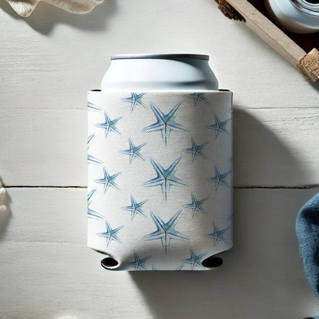 Rafraîchisseur Pour Canette Étoile de mer aquarelle bleue de plage (Blue watercolor starfish can cooler for coastal beach wedding ideas and seaside parties)