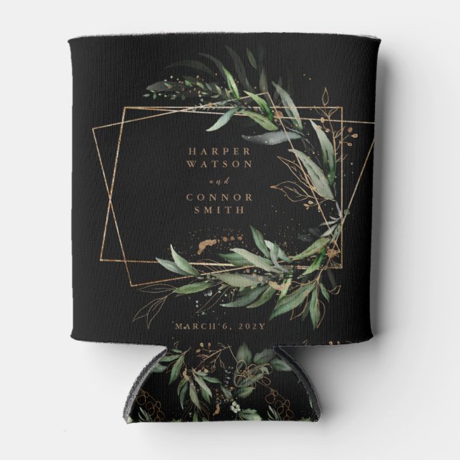 Rafraîchisseur Pour Canette Eucalyptus géométrique or Elégant Mariage noir (Devant)