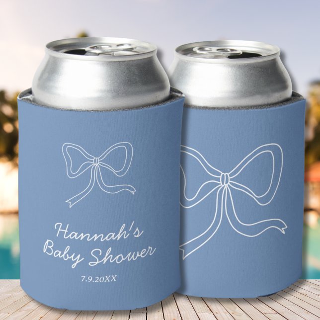 Rafraîchisseur Pour Canette Faveur de Baby Shower Ruban à Arc Bleu Personnalis (Personalized Blue Bow Ribbon Baby Shower Favor Can Cooler)
