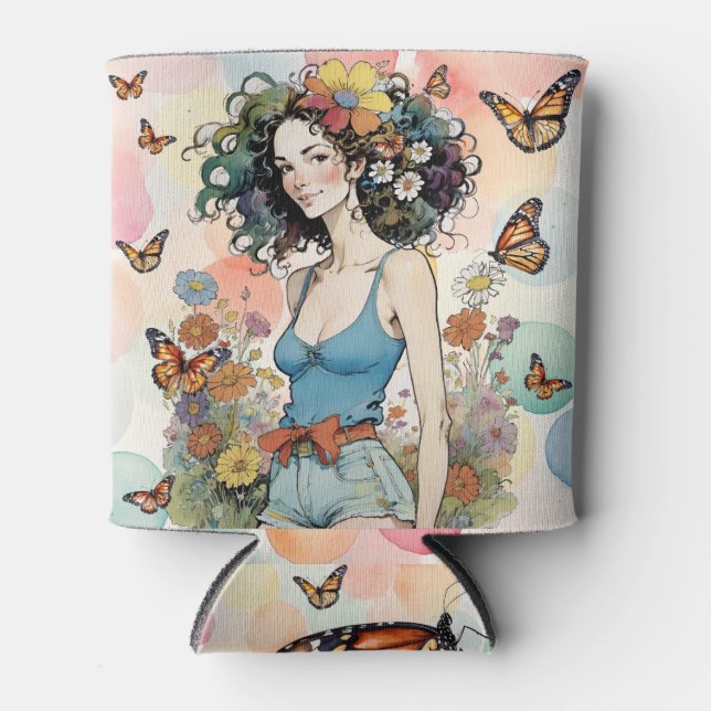 Rafraîchisseur Pour Canette Filles d'été Pastels Floral avec papillons (Devant)