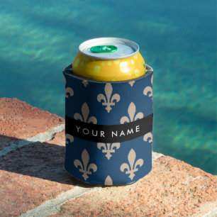 Rafraîchisseur Pour Canette Fleur de Lis, Beige sur Bleu Nuit, Royal, Votre No