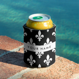 Rafraîchisseur Pour Canette Fleur de Lis, Blanc sur Noir, Blanc, Votre Nom