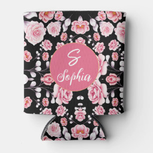Rafraîchisseur Pour Canette fleur rose motif sur noir monogramme personnalis