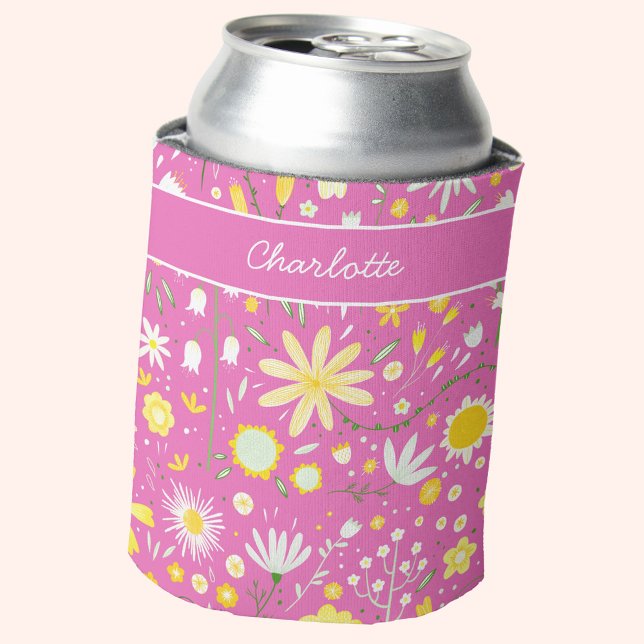 Rafraîchisseur Pour Canette Fleur sauvage botanique rose chaud Floral Personna (Personalized name hot pink and yellow wildflower pattern can cooler)
