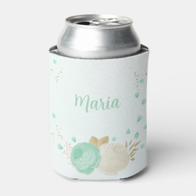 Rafraîchisseur Pour Canette fleurs blanches vert menthe or mariage (Can devant)
