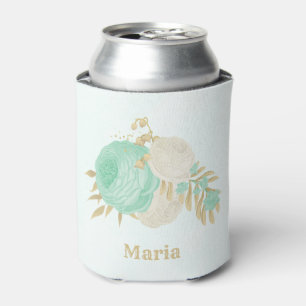 Rafraîchisseur Pour Canette fleurs blanches vert menthe or mariage