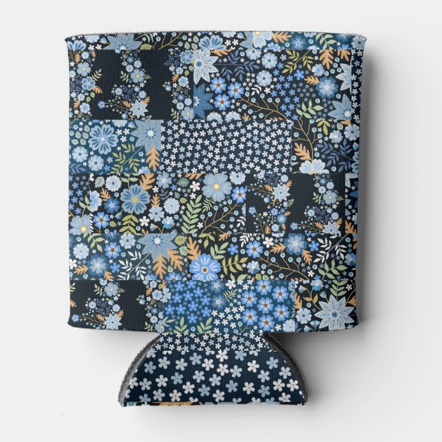 Rafraîchisseur Pour Canette Fleurs Bleues Patchwork : Tissu sans couture. (Devant)