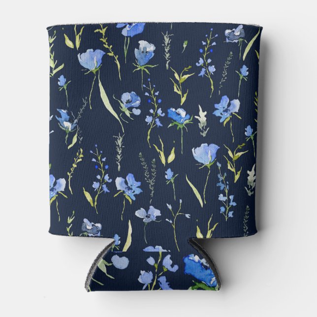 Rafraîchisseur Pour Canette Fleurs bleues rustiques : Illustration botanique. (Devant)