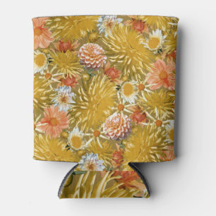 Rafraîchisseur Pour Canette Fleurs dahlia dorées, design vintage fleuri.