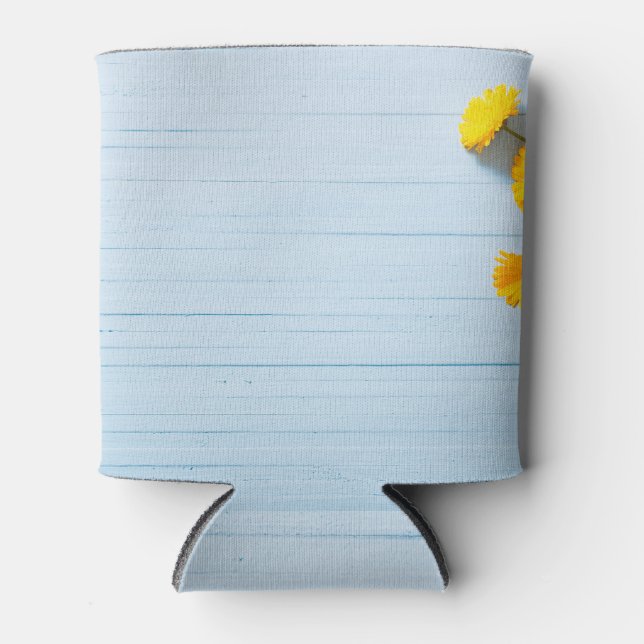 Rafraîchisseur Pour Canette Fleurs de Calendula : Arrière - plan en bois bleu (Devant)