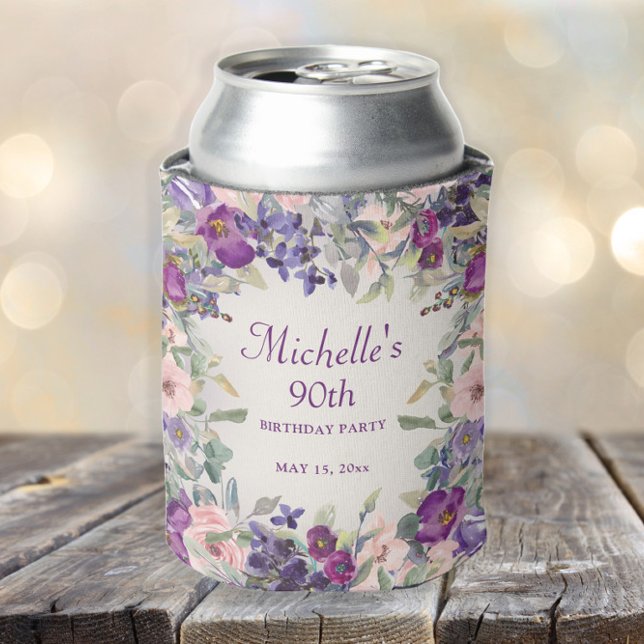 Rafraîchisseur Pour Canette Fleurs violettes rose poudré pour 90e anniversaire (Purple and blush pink watercolor floral custom 90th birthday party can cooler)