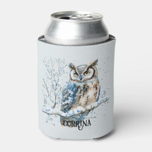 Rafraîchisseur Pour Canette Flocons de neige d'hiver Noël Hibou Bleu