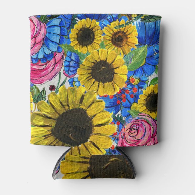 Rafraîchisseur Pour Canette Floral bleu jaune rose sans joint (Devant)