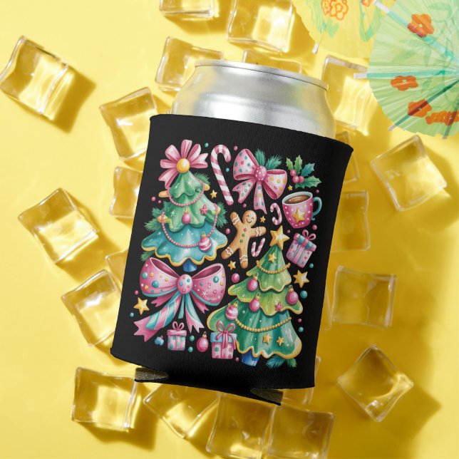 Rafraîchisseur Pour Canette Floral Preppy Xmas Tree Bow Coquette bleu rose (Été in situ)