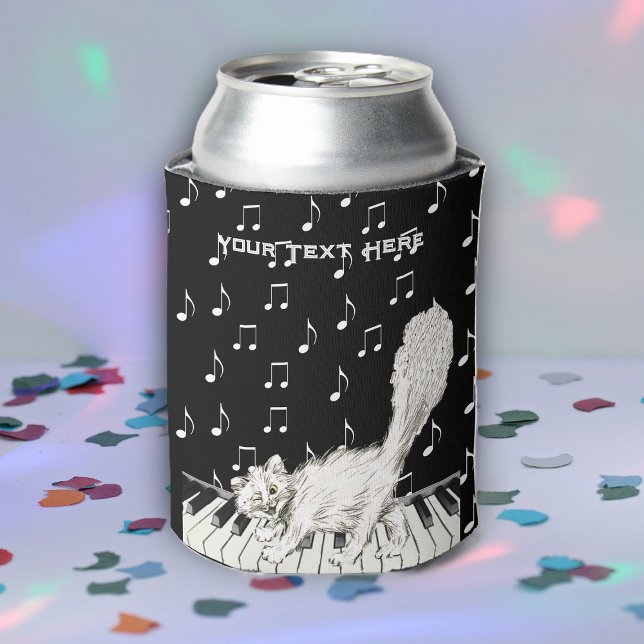 Rafraîchisseur Pour Canette Fun Winking White Cat Walking on Piano Music Notes (Winking white cat walking on piano keys white music notes on black drink can cooler.)