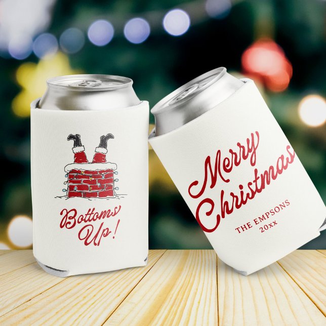 Rafraîchisseur Pour Canette Funny Merry Christmas Santa Bottoms Up Friendmas (Santa’s legs sticking out of a chimney with “Bottoms Up!” on a Christmas can cooler)
