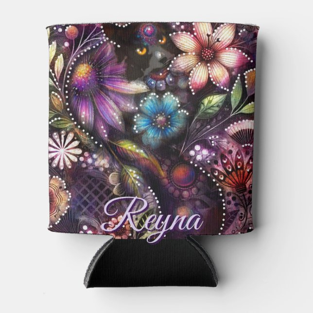 Rafraîchisseur Pour Canette Garden Kitty Cat Floral Abstract Personalized (Devant)