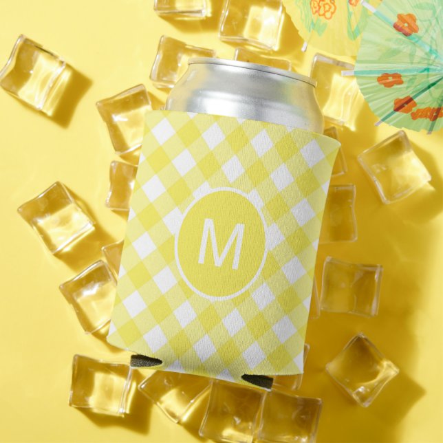 Rafraîchisseur Pour Canette Gingham Classique Jaune Clair à Motif Monogramme (Été in situ)